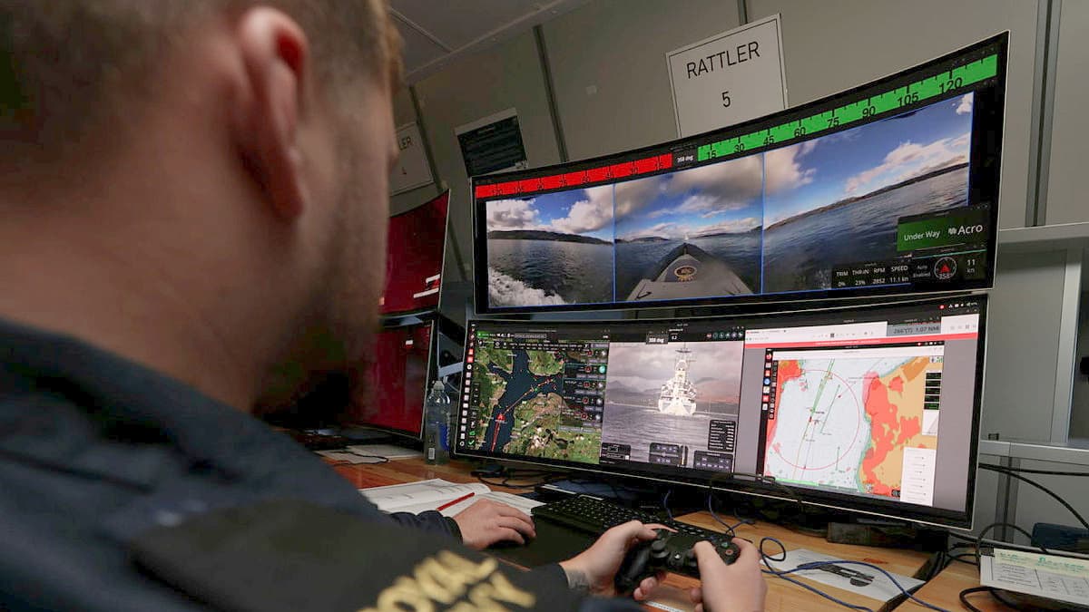 A UK Royal Navy sailor using an uncrewed surface vessel command and control system. 