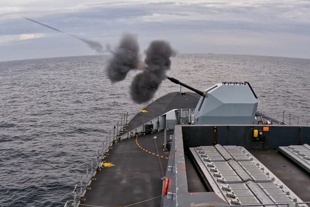 A 4.5' Gun engaging incoming threats during Exercise Sharpshooter - a training scenario designed to mimic the modern-day threats of drones. 