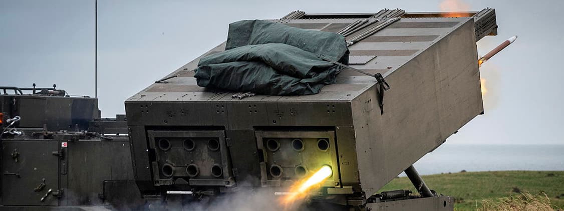 A British Army Guided Multiple Launch Rocket System being fired. 
