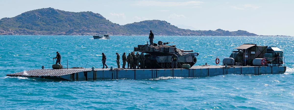 An Australian Army M1A1 Abrams tank on a Mexeflote littoral-supportive platform.