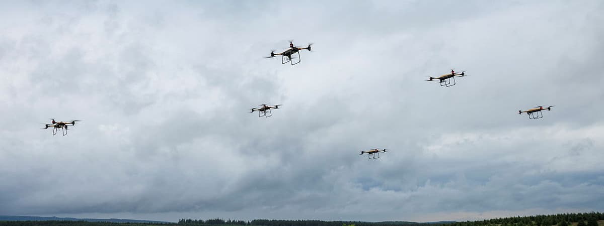 A swarm of Malloy Aeronautics ‘TRV150’ drones. 