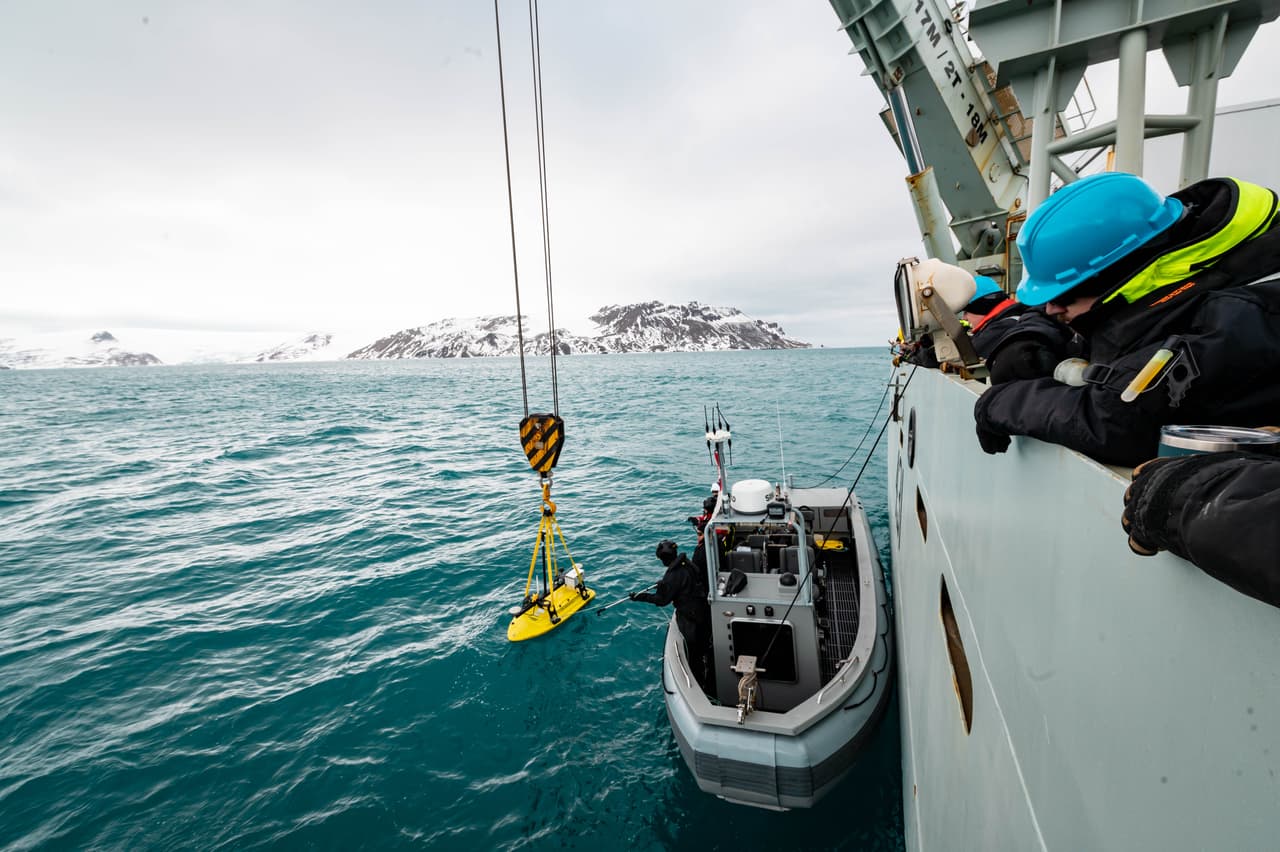 An Echoboat-160 USV launched from the Royal Canadian Navy HMCS Margaret Brooke in the Antarctic in March 2025