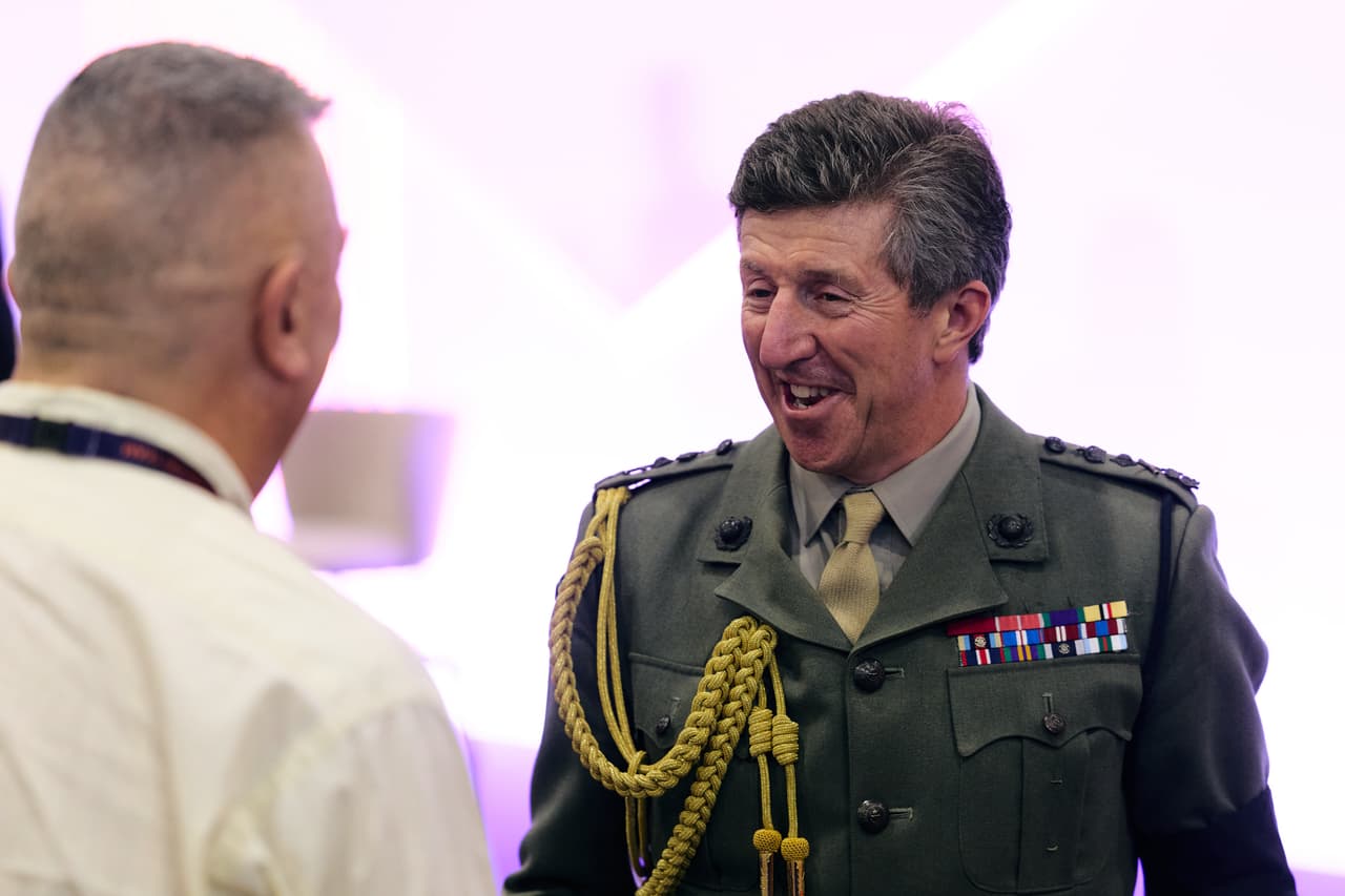 General Sir Gywn Jenkins the First Sea Lord of the Royal Navy speaking at DSEI UK in 2025. 