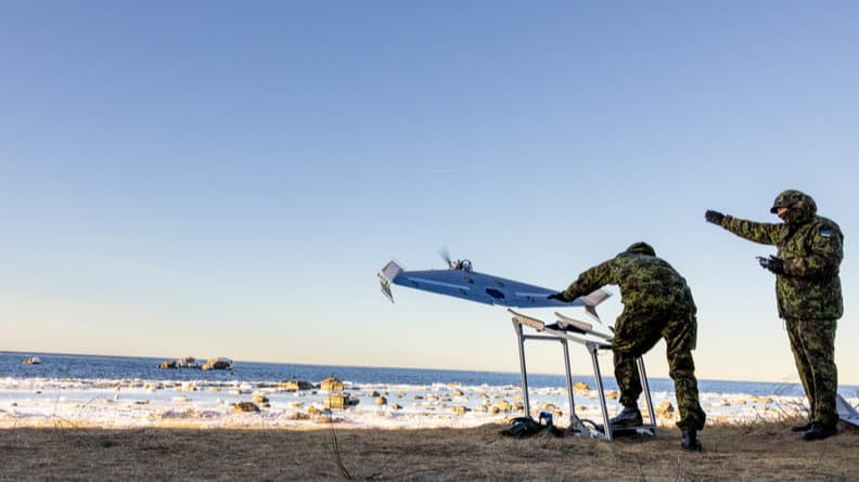 Two Etonian soldiers operate a UAS interceptor drone, during counter drone exercise Digital Shield 2.0 in March 2026.