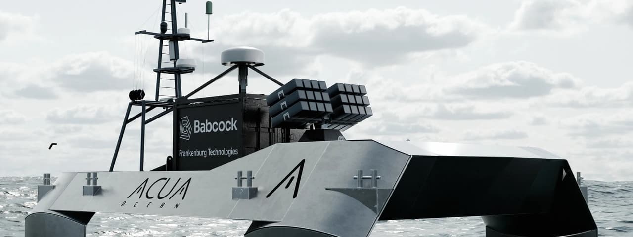 A concept of Babcock launchers fitted to an Acua Ocean uncrewed surface vessel. 