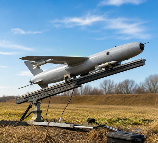 An example of the interceptor drone requested for testing by the Polish defence ministry. Resting on a launcher in a field with support cables and firing mechanisms next to it.