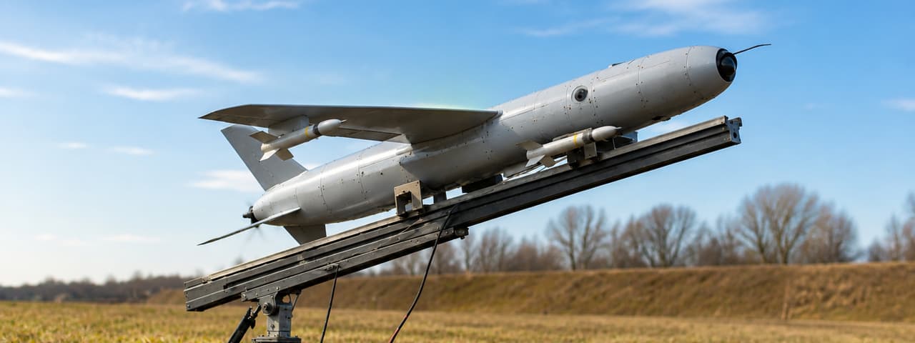 An example of the interceptor drone requested for testing by the Polish defence ministry. Resting on a launcher in a field with support cables and firing mechanisms next to it.