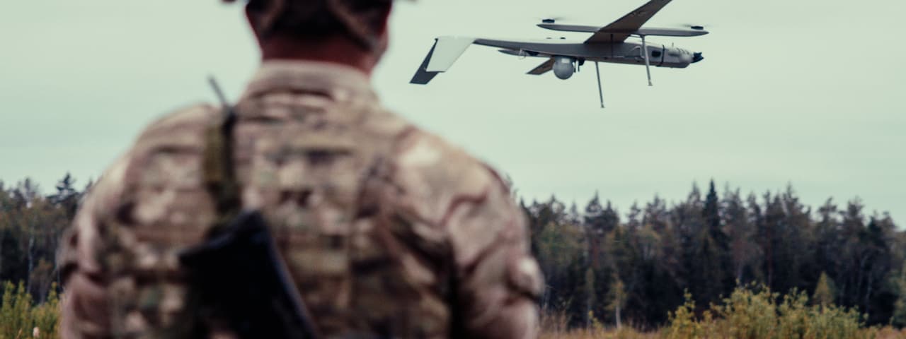 A British soldier controls a Tekever AR3 UAV during Exercise Spring Storm in Estonia in May 2026. 