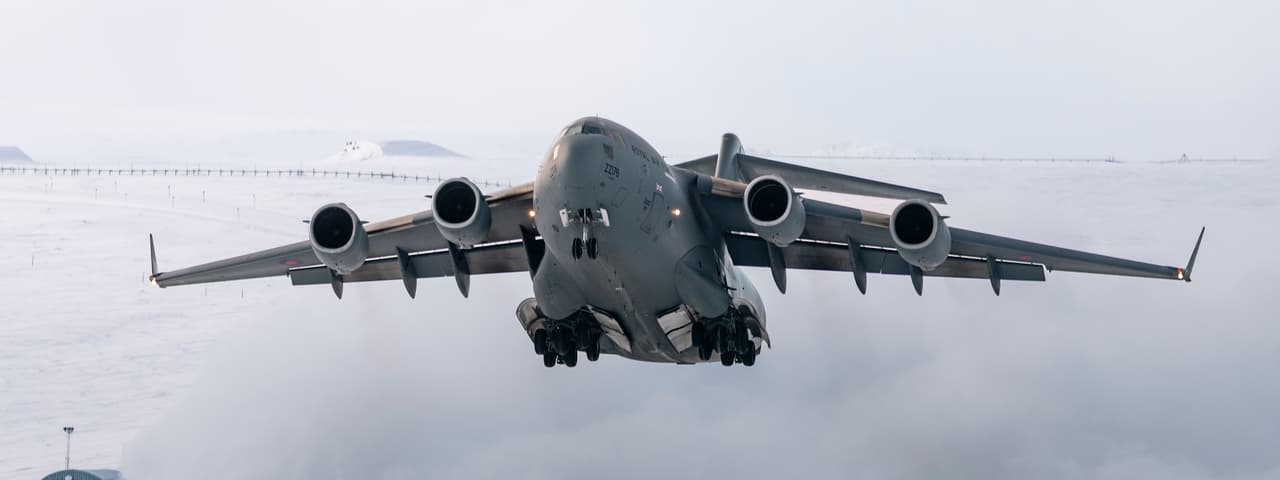 A Royal Air Force C-17 Globemaster taxis and departs from Canadian Forces Station ALERT in Canada in support of Ex POLAR PUMA and OP BOXTOP. 
