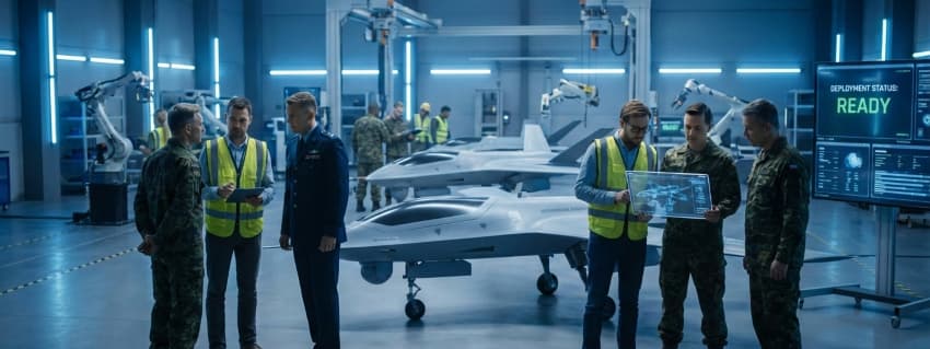 An AI generated image depicting industry working closely with the military. 