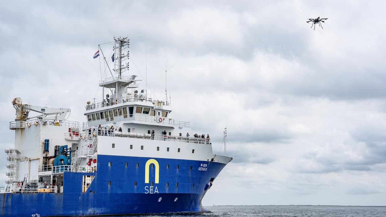 A UAV operates near the Netherlands navy research vessel MV Geosea during Dutch MUTF trials in June 2026.