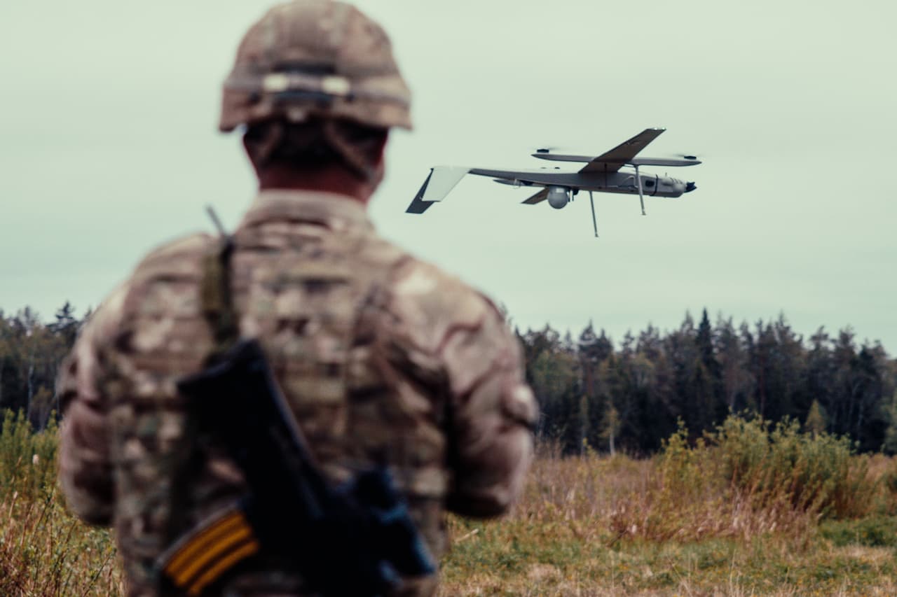 A British soldier controls a Tekever AR3 UAV during Exercise Spring Storm in Estonia in May 2026. 