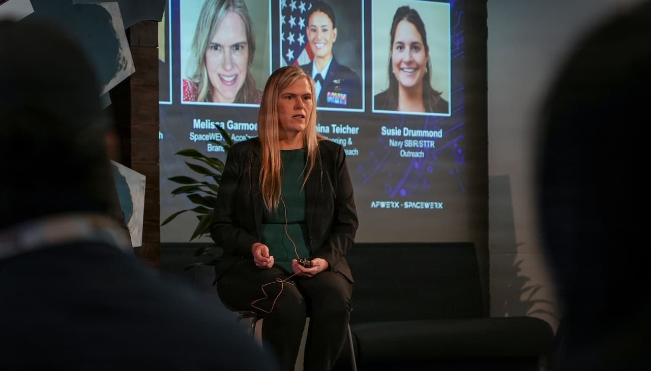 Melissa Garmoe, SpaceWERX Accelerate branch chief, at a panel on navigating the SBIR and STTR programmes at the South By Southwest conference in Austin, Texas in March. 