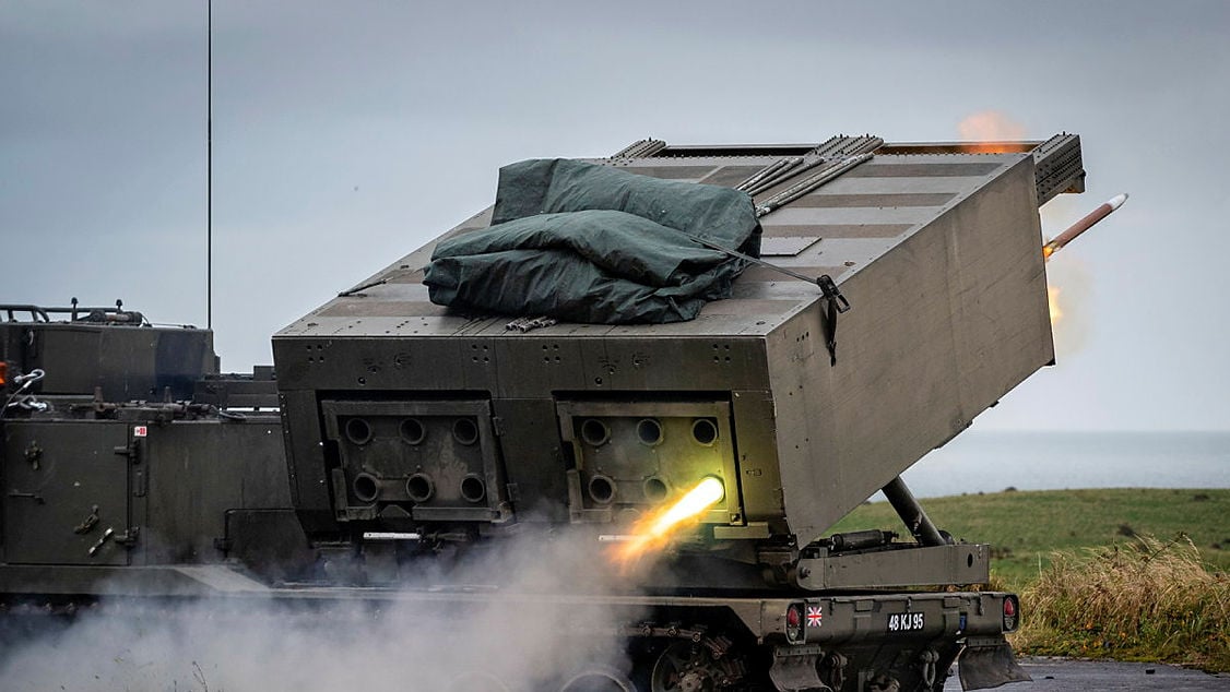 A British Army Guided Multiple Launch Rocket System being fired. 