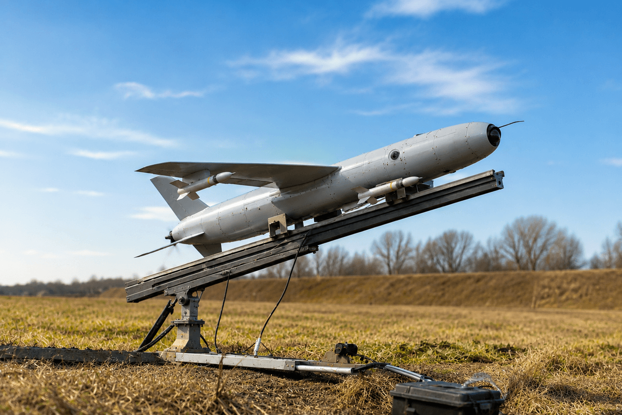 An example of the interceptor drone requested for testing by the Polish defence ministry. Resting on a launcher in a field with support cables and firing mechanisms next to it.
