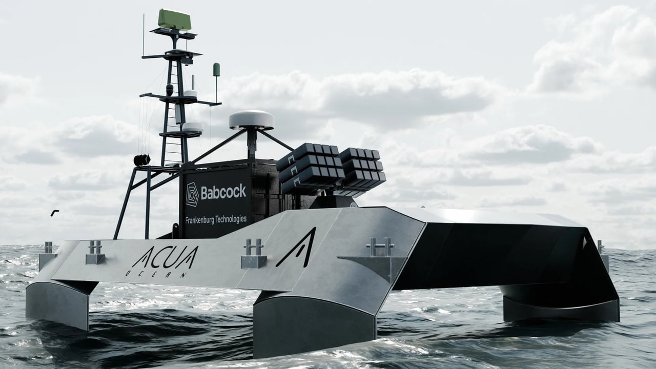 A concept of Babcock launchers fitted to an Acua Ocean uncrewed surface vessel. 