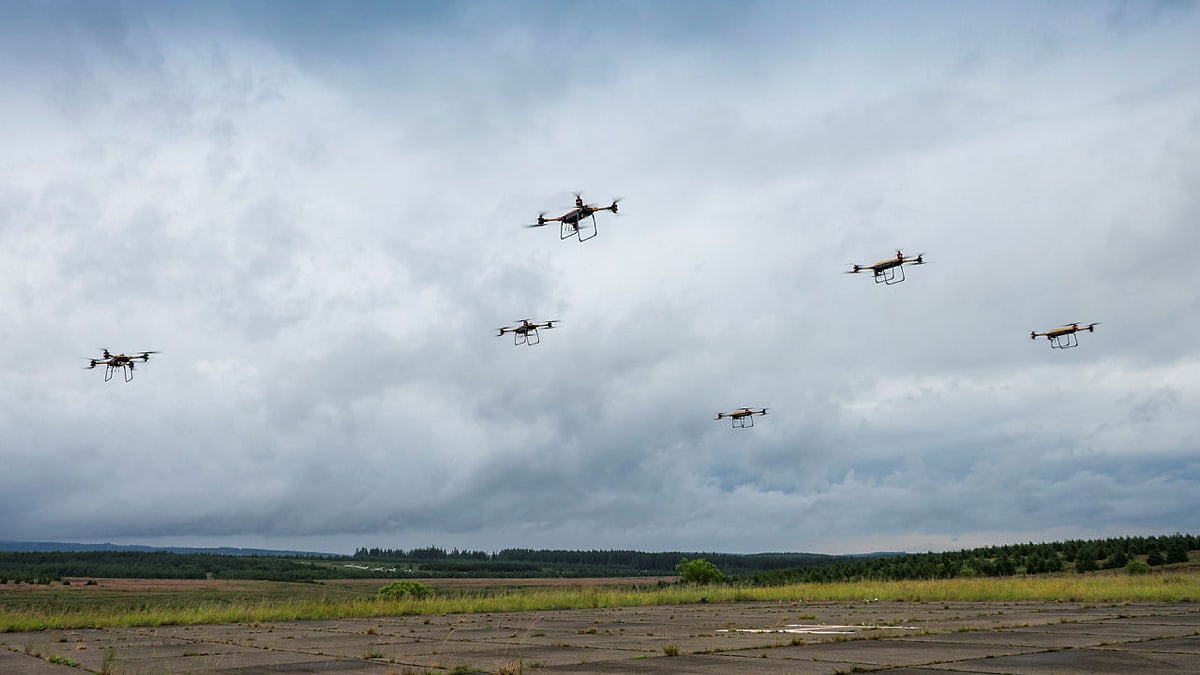A swarm of Malloy Aeronautics ‘TRV150’ drones. 
