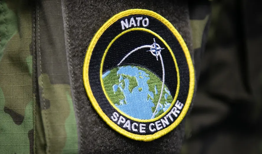 A NATO Space Centre patch on the uniform of a service member at Ramstein Air Base, Germany, September 12, 2022