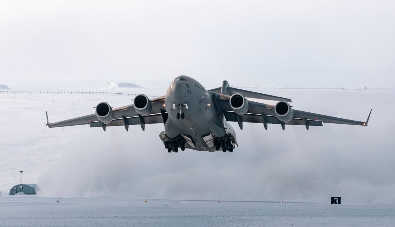 A Royal Air Force C-17 Globemaster taxis and departs from Canadian Forces Station ALERT in Canada in support of Ex POLAR PUMA and OP BOXTOP. 